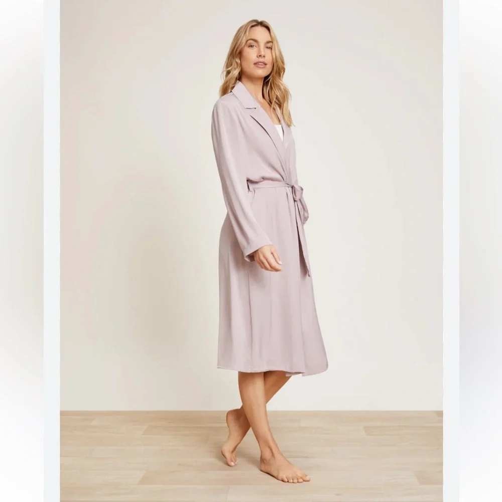 Barefoot Dreams Robe Women's L Taupe Washed Satin Notched Collar